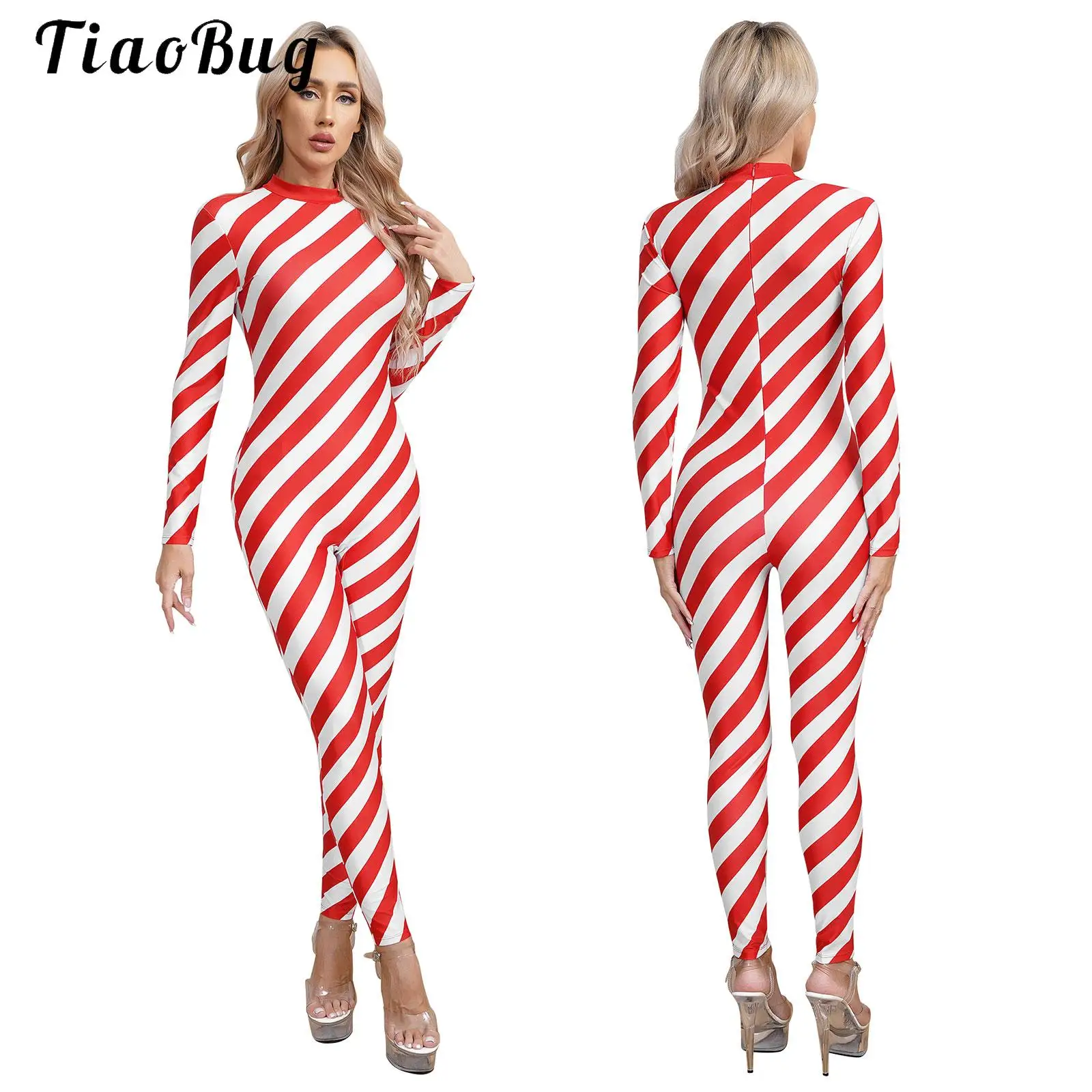 Womens Christmas Candy Cane Full Bodysuit Jumpsuit Costume Long Sleeve Striped One Piece Dance Unitard for Gymnastics Ballet