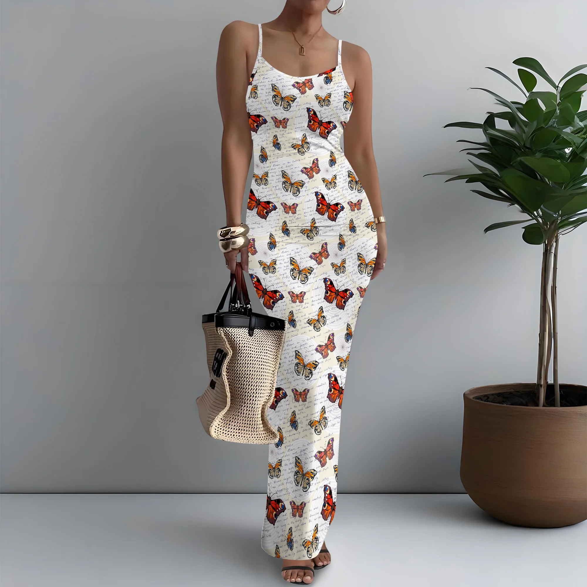 

Women's Spaghetti Strap Maxi Dress Boho Chic Butterfly Print Elegant XS-3XL