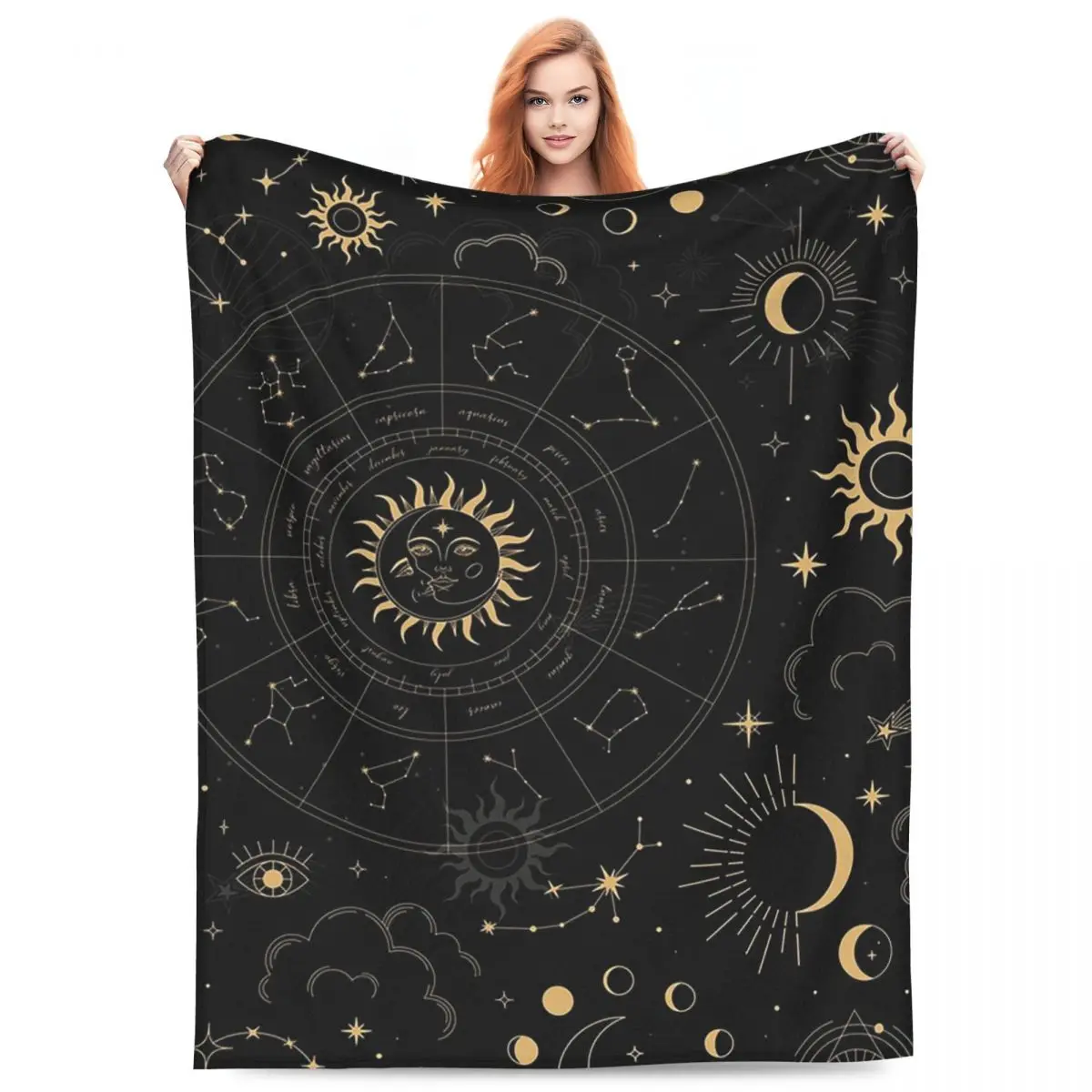 Night Sky Golden Celestial Stars Zodiac Constellations Blankets Flannel Blanket Warm for Couch Bedding Office Bedspread Quilt