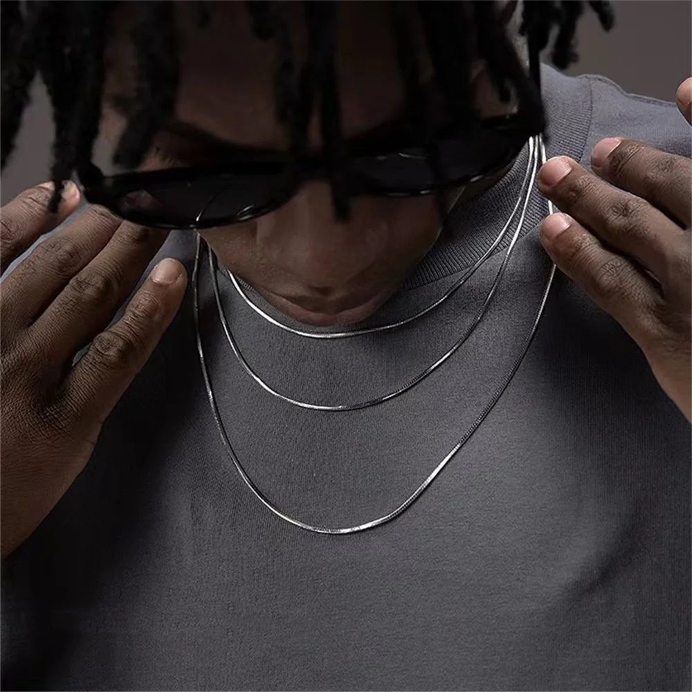 Hip-Hop-Herren-Halskette aus Edelstahl, einfache silberfarbene quadratische Schlangenkette, modisches Schmuckzubehör – Detail 1