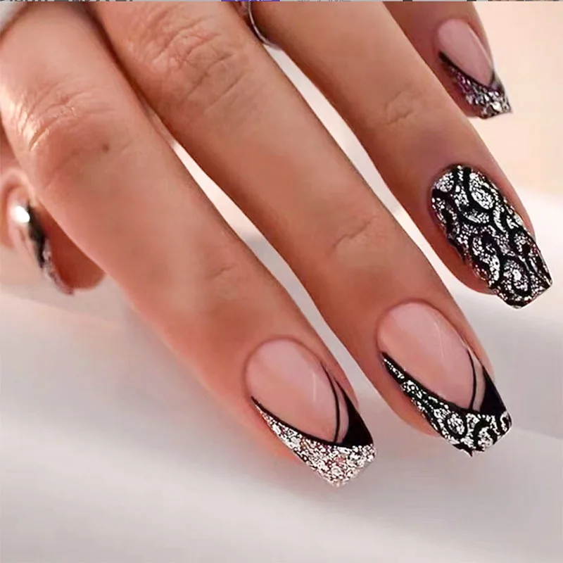 96pcs Nail Art Tips Set Nude Black Tone Oval Shape Medium Length Glossy Finish French Stripe Reusable Nail Kit Daily Wear Party