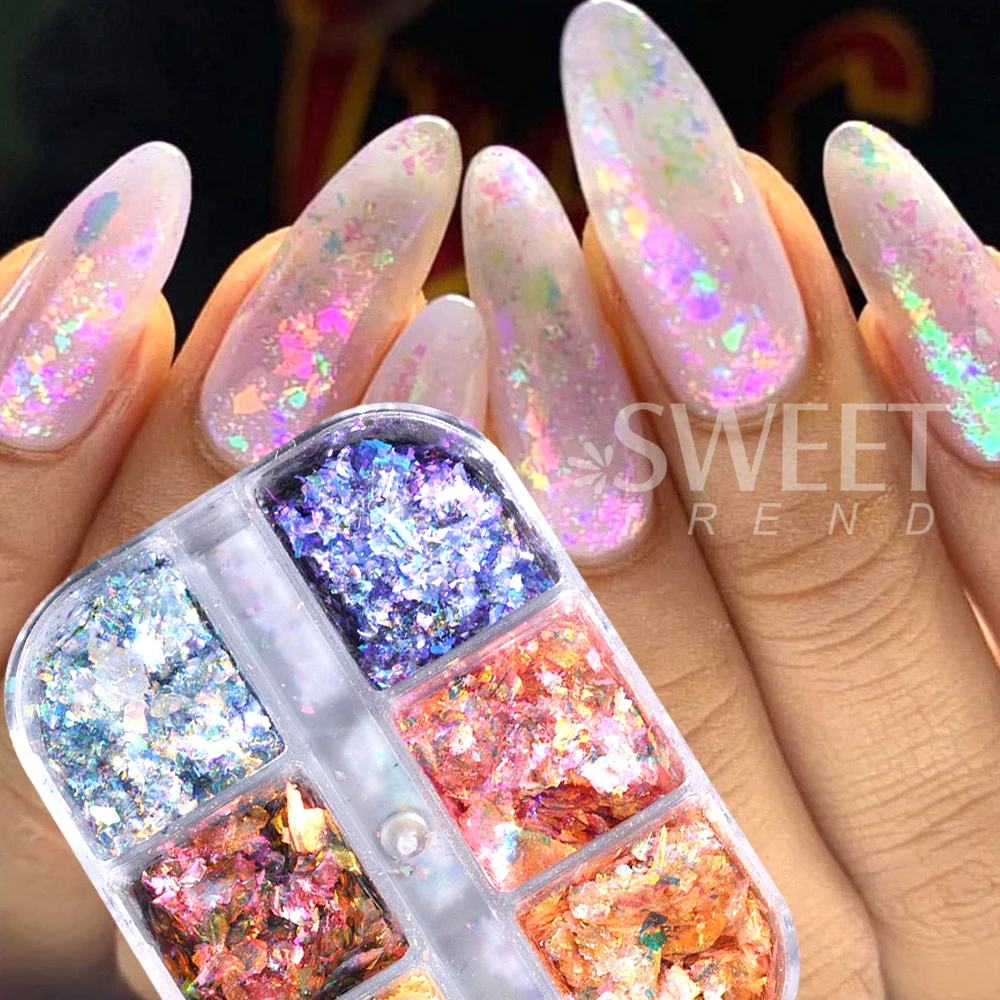 SWEET TREND-6 Grids Iridescent Opal Nail Glitter Sequins Aurora Holographic Chameleon Mermaid Flakes Sparkly Nail Foils Manicure