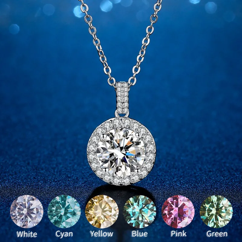 

Wholesale Moissanite Pendant 1CT Blue Green Yellow Pink Diamond Necklace Retro Round Shape Design S925 Silver For Women Girls