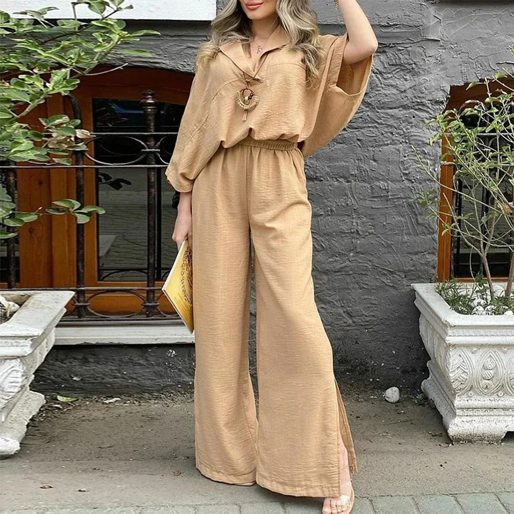 Casual Solid Women Plus Size Two Piece Wide Leg Pant Set Batwing Sleeve Lapel Collar Tops and Elastic Waist Pant Matching Set