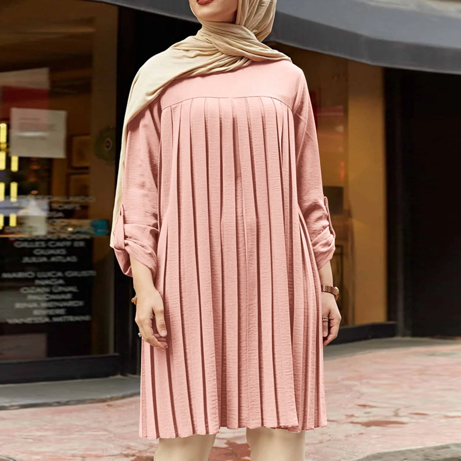 Muslim Pleated Blouse Dress For Girl Women Hot Tops Adjustable Sleeve Solid Color Shirt Islamic Wear Summer O-neck Streetwear