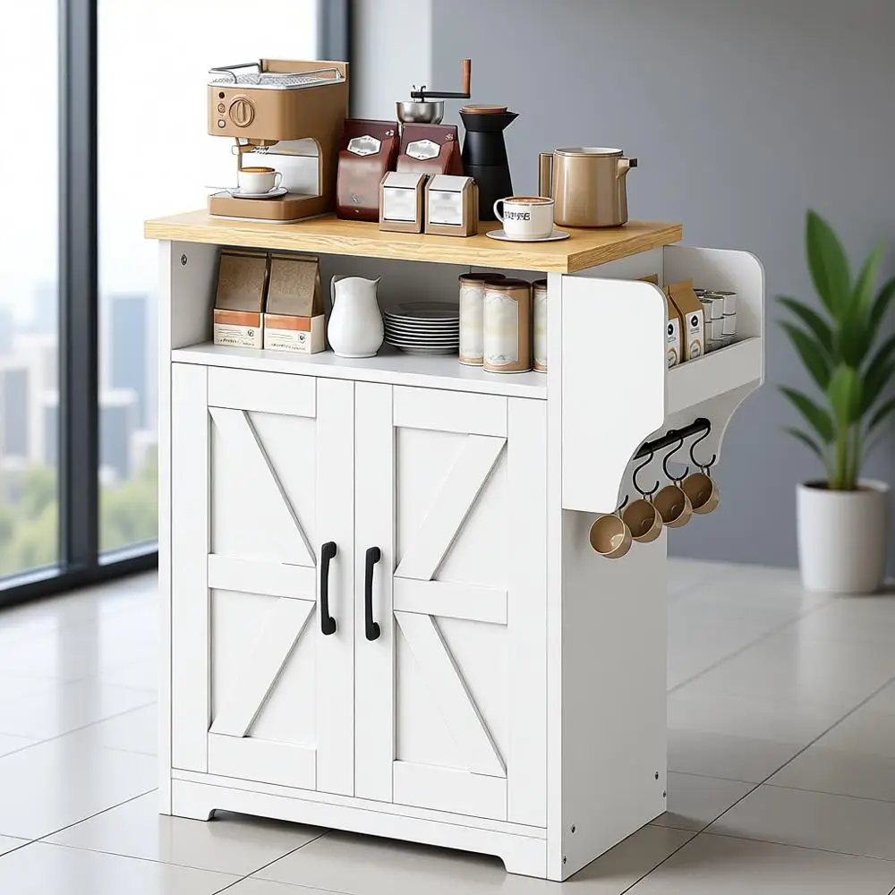 

Farmhouse Style Kitchen Island with Storage and Floating Shelf, Dual-Purpose Buffet Cabinet for Kitchen and Living Room, White a