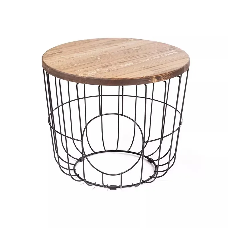 

Ironwork Household Small Round Table, Bedside Table, Wooden Nordic Creative Storage Coffee Table