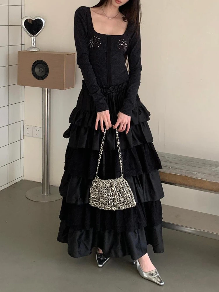 Roriri retro ponto em camadas plissado bolo vestido feminino diamante colher pescoço mangas compridas magro vestido longo coreano outono inverno roupas