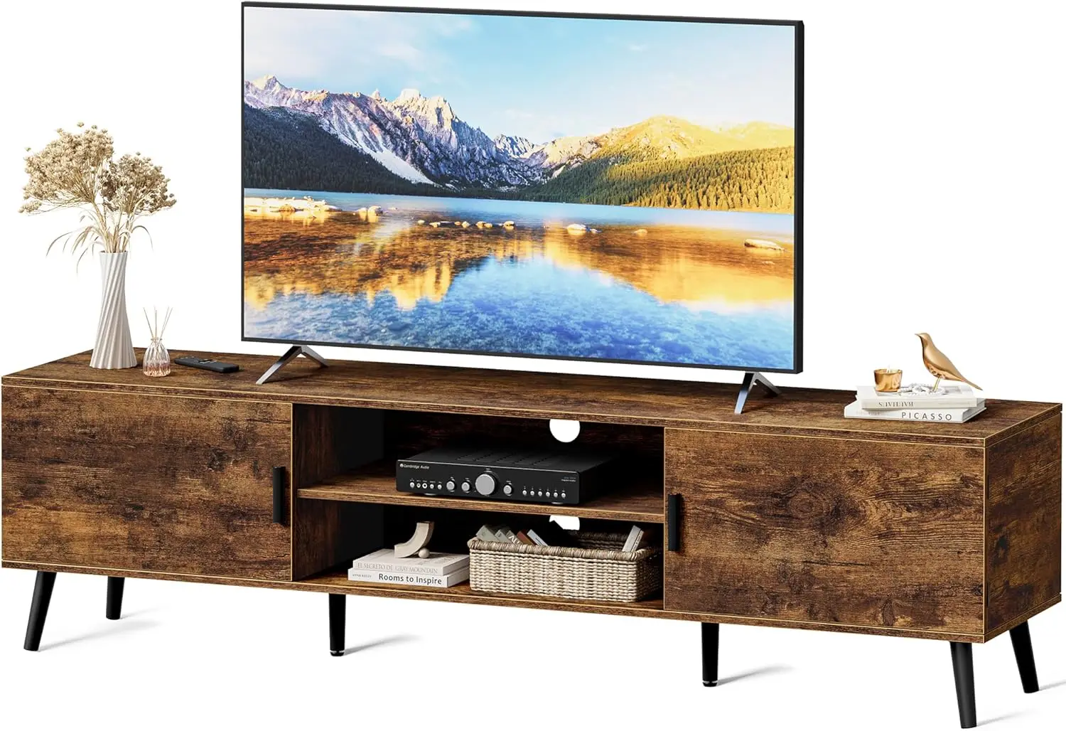 

63" TV Stand for 65 Inch TV, Entertainment Center with Adjustable Shelf, 2 Cabinets, Solid Wood Feet, Rustic Brown