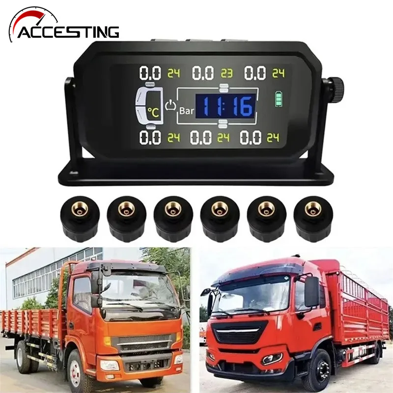 TPMS Solar 6 Sensors Truck Car Tire Pressure Monitoring System LCD Display Tyre Diagnostic Tools Alarm Monitor Autotruck Tester