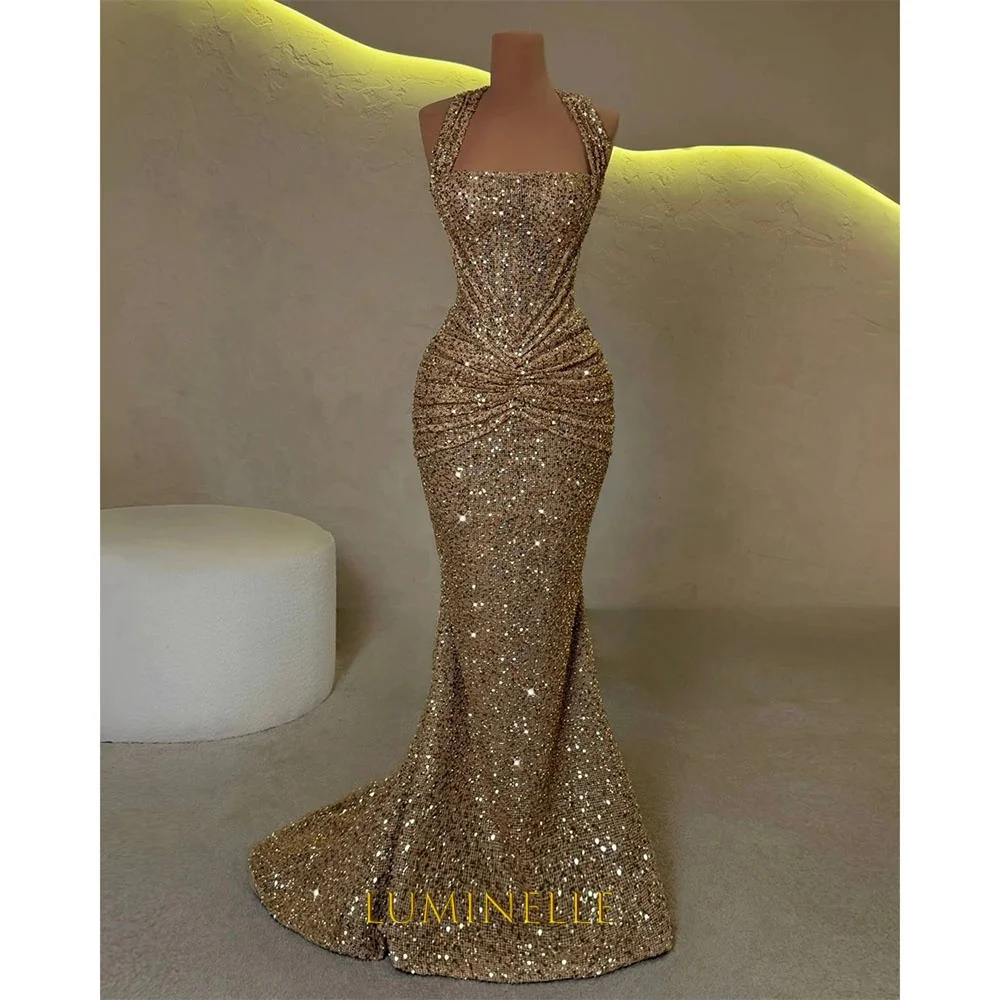 

Customized Champagne Mermaid Halter Neck Shiny Sequins Prom Dress Sleeveless Vestidos De Noche Floor-Length Formal Evening