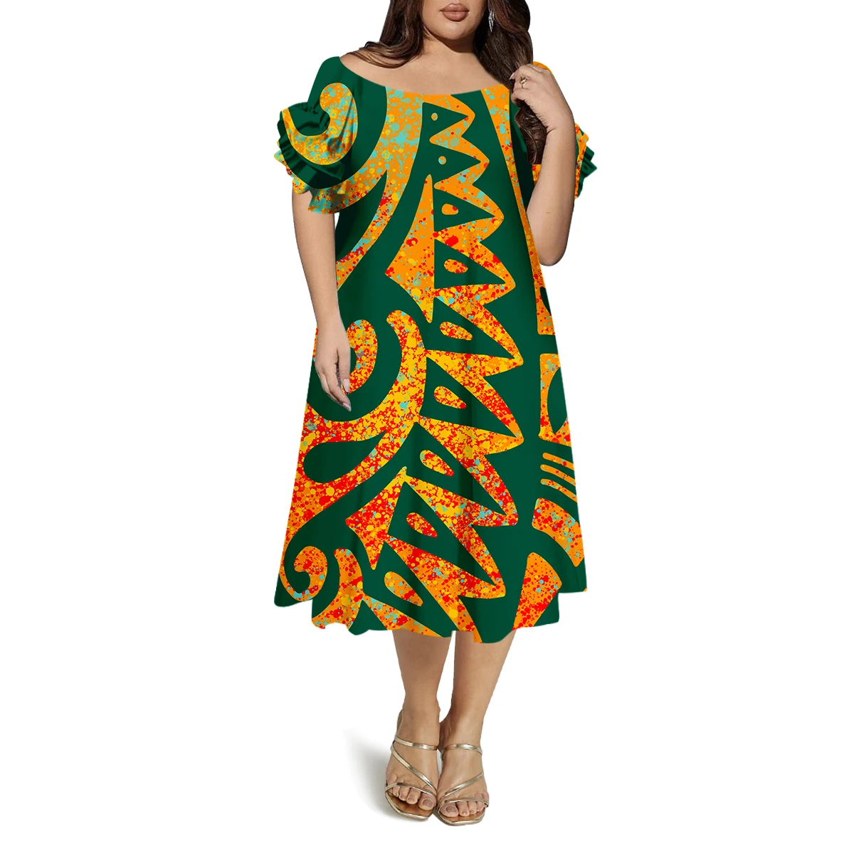 

High-Quality Round-Neck Butterfly Sleeve Pattern Design Art Loose Women'S Dress Polynesian Custom-Made Elegant Long Dress