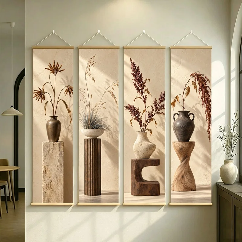 Wall Art Finger Millet and Blue Fescue, Serene Wabi-Sabi Botanical Silver Shimmer Canvas Hanging Scroll for Zen Sanctuary