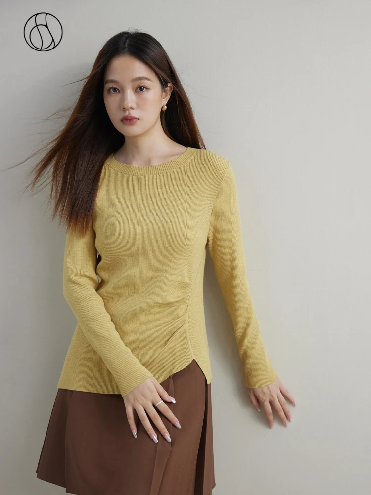 DUSHU 6.8% Wool Waist Slimming Asymmetric Design Women Knitted Pullover Sweaters Round Neck Pink Gentle Female Winter Wool Tops