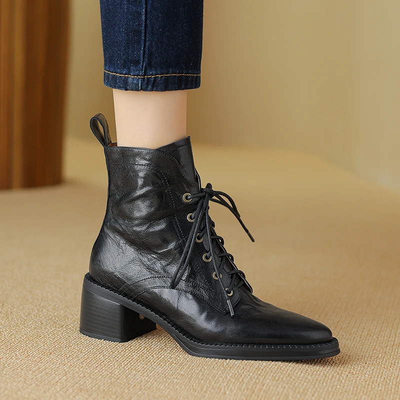 2024 Women Ankle Boots Handmade Luxury Genuine Leather High Heel Laces Black Short Boot Elegant Female Booties Designer Shoes