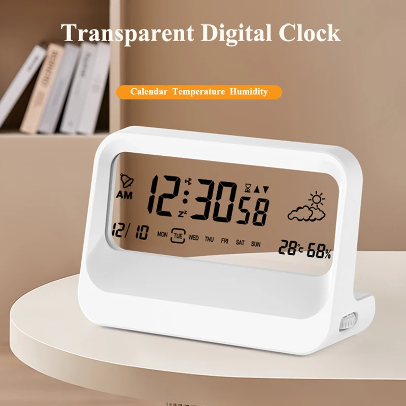 Digital Alarm Clock LCD Display with Calendar Temperature Humidity Snooze Table Bedside Clock for Kitchen Bathroom Office