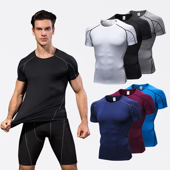 Elastic Men's Sport Running Shirt Fitness Sports Training Shirt Quick Dry Shirt Round Neck  Body building uscle Sports Shirt