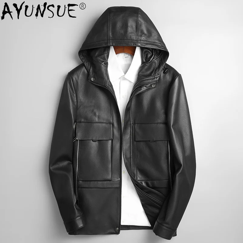 

Genuine Sheepskin Jacket Men Clothing Casual Hooded Real Leather Coat Black Jackets for Casaco Masculino