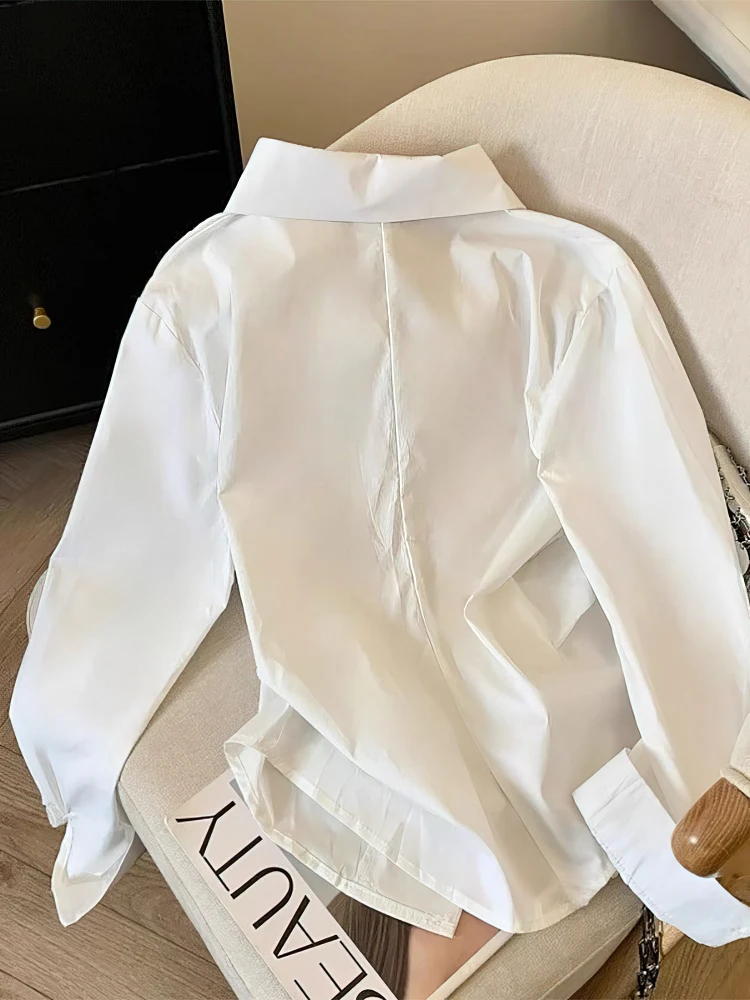 Camisa de manga longa irregular para mulheres túnica branco azul elegante gola virada para baixo blusa superior senhoras moda camisas de trabalho