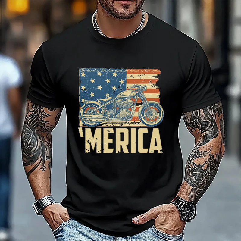 

Biker Shirt Merica American Flag With Motorcycle T-Shirt 100% Cotton O-Neck T Shirt Short Sleeve Mens Tees Graphic Tshirts