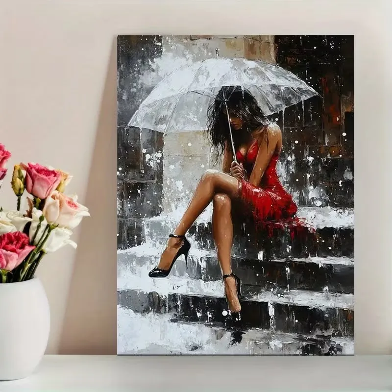 Frau im roten Kleid sitzt auf den Stufen und hält einen Regenschirm Posterdruck Tier-Leinwandgemälde Wandkunst Bild für Wohnzimmer Heimdekoration