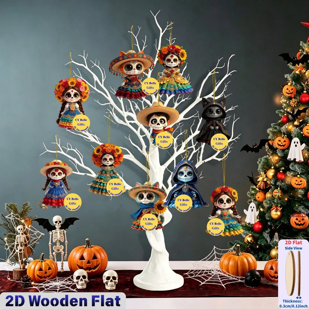 2D Flache Holz-Süßigkeiten-Totenkopf-Hängeornamente für Halloween, Tag der Toten, Weihnachten, Schulanfang, Zuhause, Büro, Klassenzimmer, Auto, Schlüsselanhänger – Detail 7