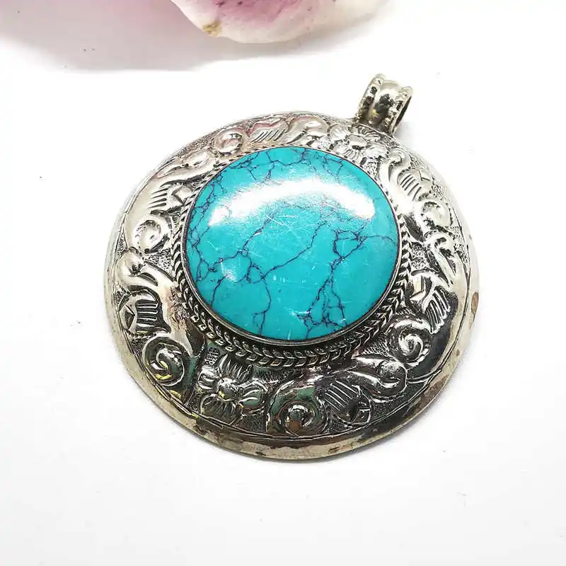 TBP215 Tibetan Jewelry Nepal Vintage Pendant Copper Inlay Colorful Stone Big Round Pendants