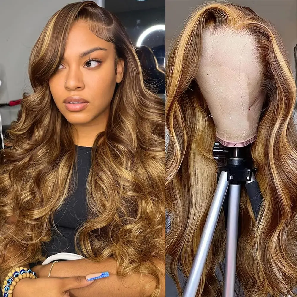 

Highlight Ombre Lace Front Wig Human Hair 4/27 Body Wave Human Hair Wig 180% Density 13x4 HD Lace Frontal Wigs For Black Women