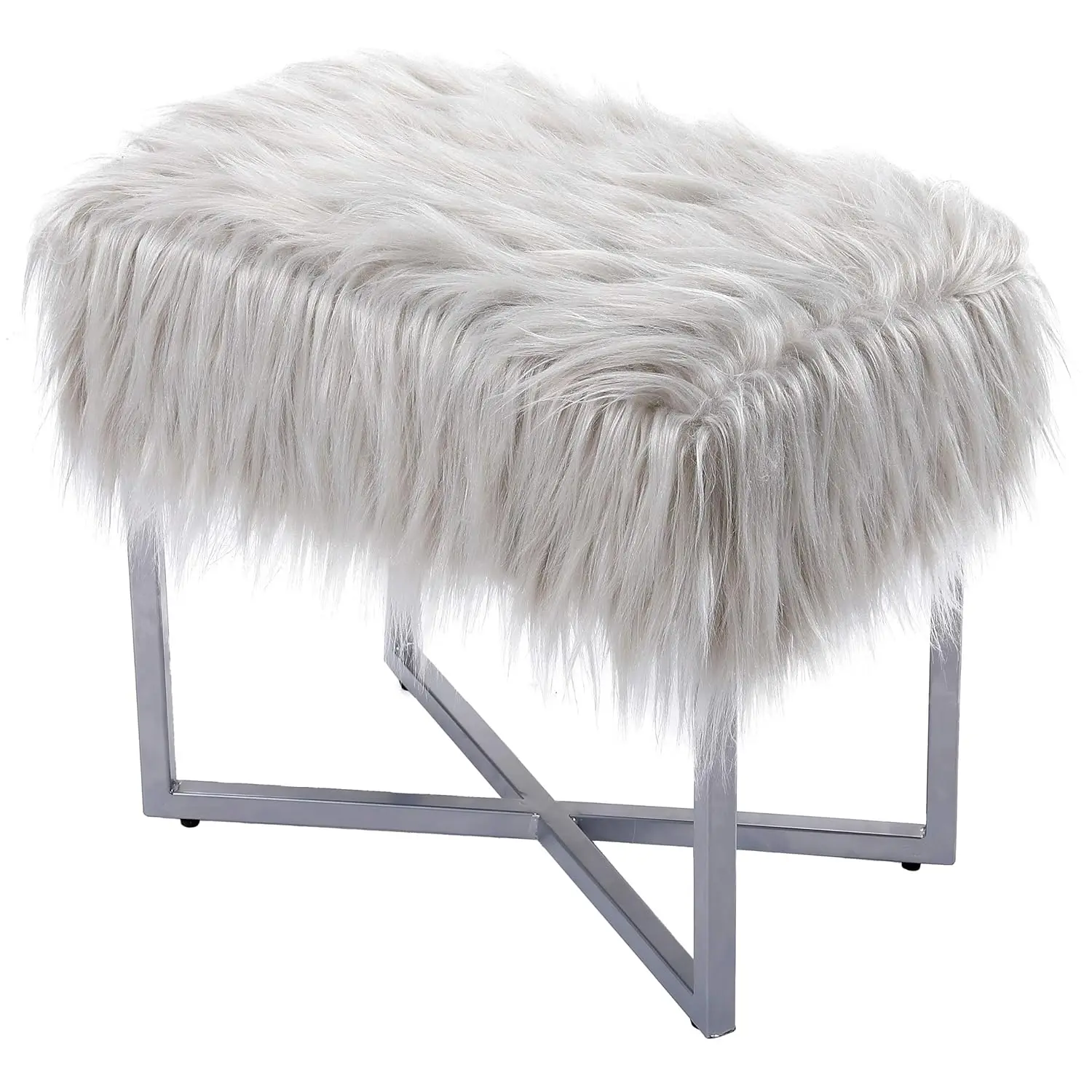 

Grey Faux Fur Ottoman Compact Padded Seat Bedroom Vanity Metal Legs Customized