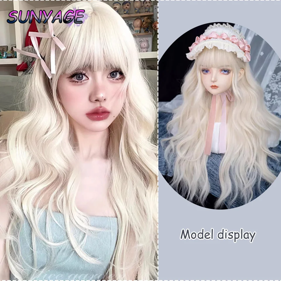 SUNYAGE Lolita Wig sintetik warna putih sorot emas dengan poni Wig rambut bergelombang alami panjang untuk penggunaan sehari-hari wanita tahan panas