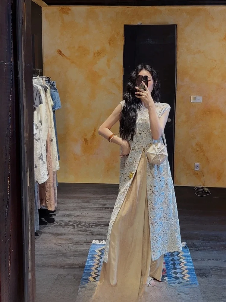 

New Chinese Sle Women's Vest Tee Ji Bla Flower Sea Floral Lace Thin Summer Mid-Length Cotton Commute Sle Vest