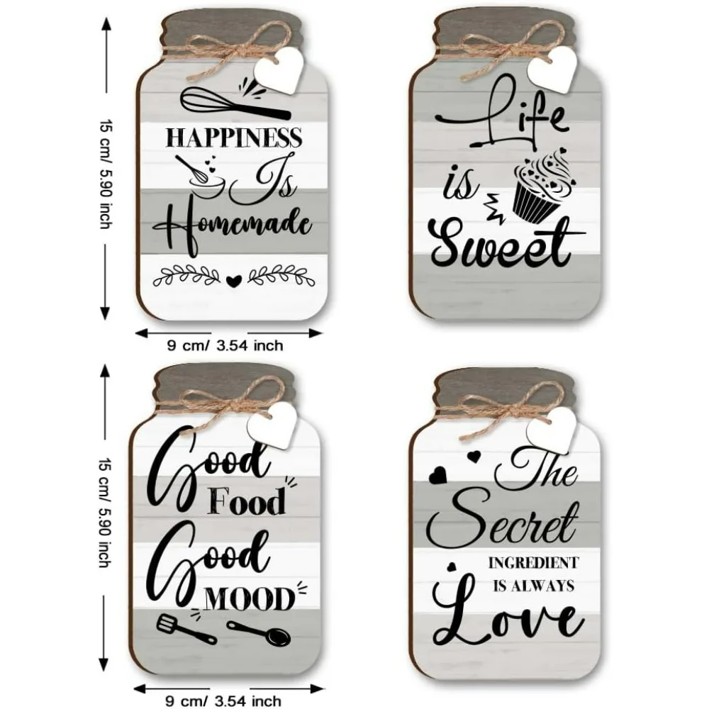 Kitchen Wall Decor, 4pcs Bottle Shape Wood Hanging Sign Modern Rustic Farmhouse Board Sign with Hemp Rope and Wood Heart