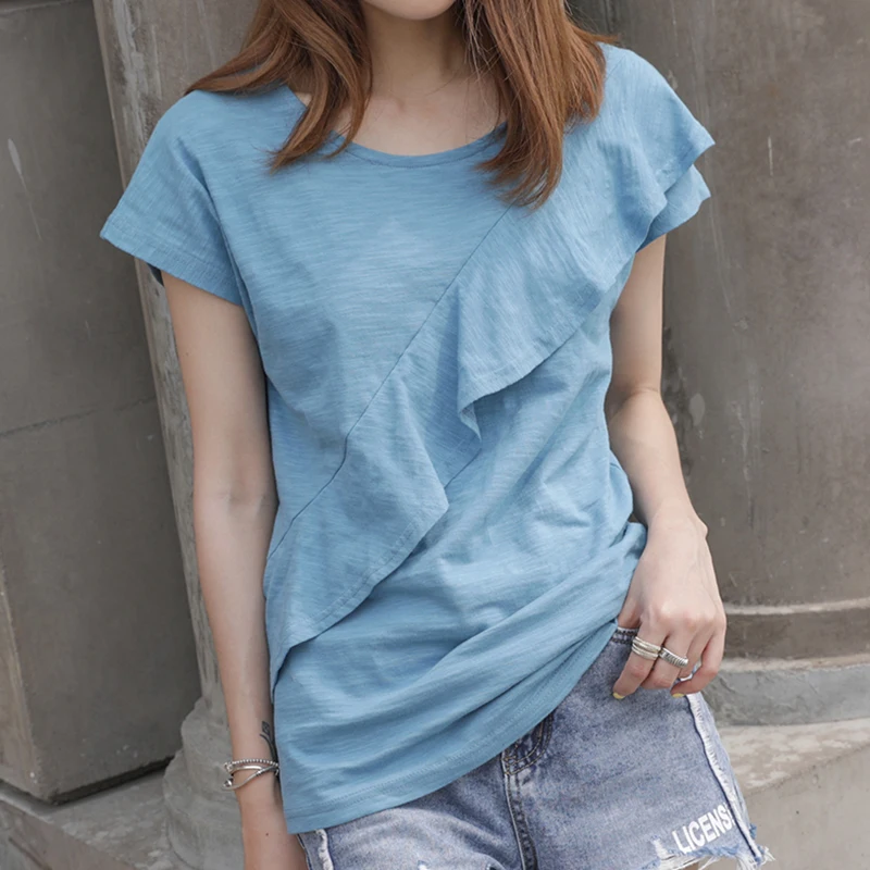 

Ruffles Cotton Women T-shirts 2024 Summer New O-neck Short-sleeved Slim Lady Elegant Pulls Tops Tees