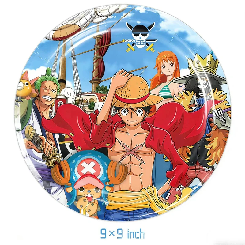 Zestaw dekoracji na przyjęcie urodzinowe w stylu One Piece: papierowe naczynia jednorazowe, kubki, talerze, serwetki, akcesoria imprezowe, breloczki, bransoletki do torebek. — zdjęcie 3