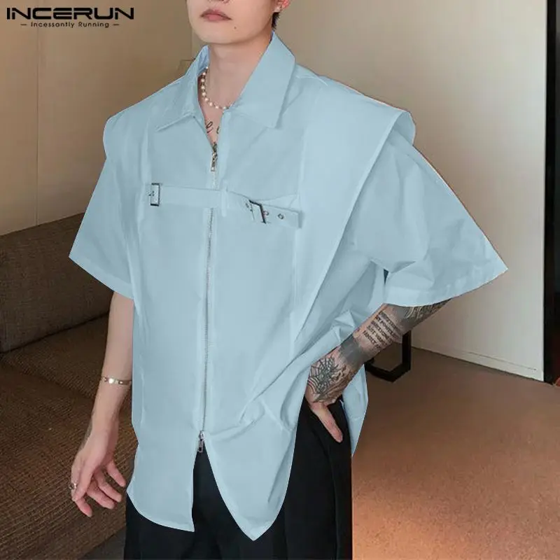 

Casual Stylish Style Tops INCERUN New Mens Buckle Design Zippered Shirts Male Personality Solid Lapel Short Sleeved Blouse S-5XL