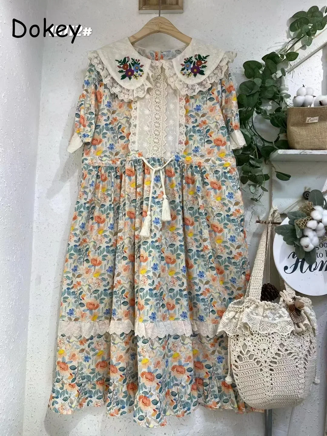 Vintage Floral Embroidery Cotton Linen Lolita Dress Women Summer Japanese Peter Pan Collar Kawaii Dresses Elegant Party Vestidos