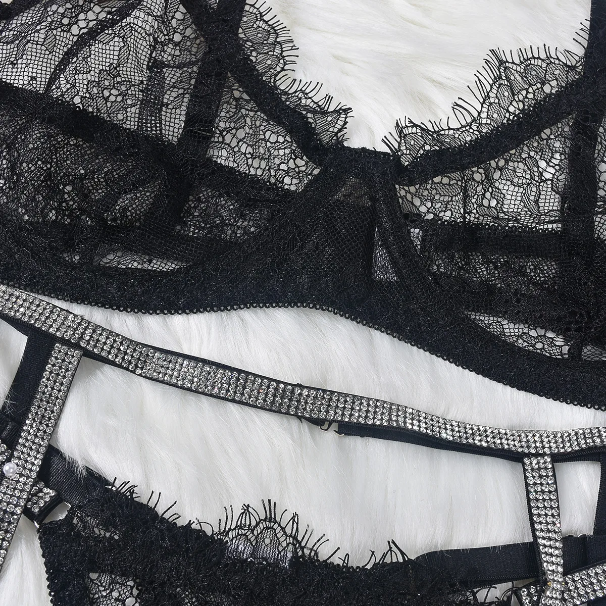 Strass-Dessous-Set für Damen, transparente Spitze, Push-up-BH, transparente Unterwäsche für erotisches Nacht-Outfit