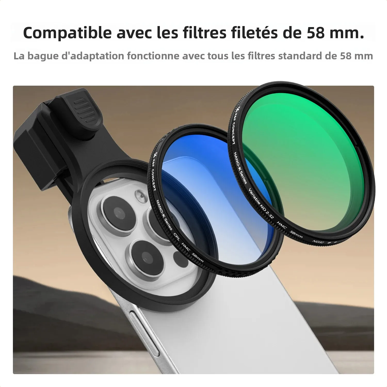 Image 6: K&F CONCEPT Kit de filtre à pince variable ND2-32 / CPL 67 mm pour téléphone pour iPhone 16 15 Pro, Xiaomi, OPPO, clip universel