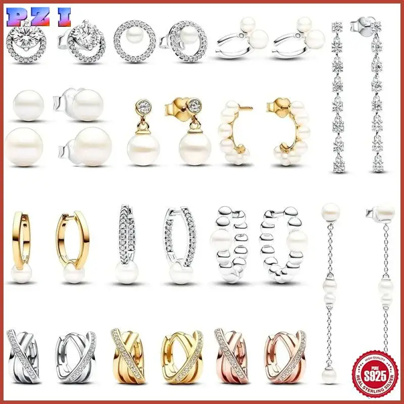 

2025 New 925 Sterling Silver pretty Open Hoop Pearl & Pavé Halo Stud Earrings Sparkling Eight Stones Drop Earrings Women Gifts