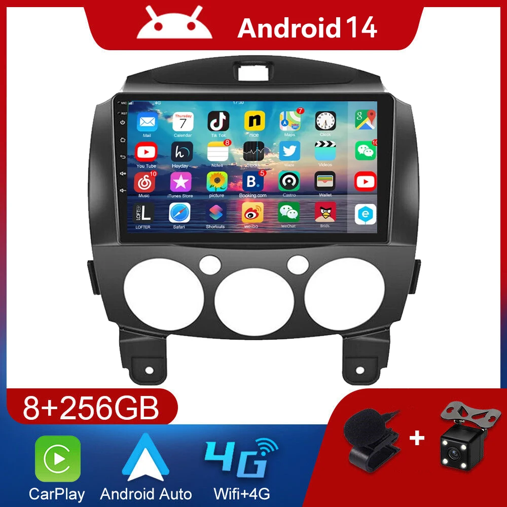 9 Inch Android 14 Car Radio for Mazda 2 2007 2008 2009-2014 Multimedia Video Player 4G WIFI GPS Navigation Carplay Head Unit