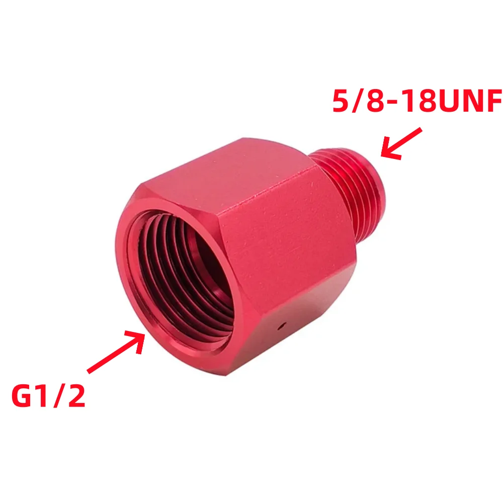 Adapter converteert Co2-tank in standaard 5/8-18 mannelijk en G1/2 vrouwelijk rood