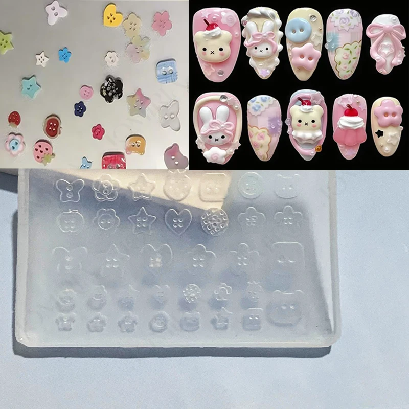3D Button Silicone Nail Mold Cute Multi Shapes Bear Heart Star Flower Butterfly Charms Template UV Gel Resin DIY Nail Art Tools