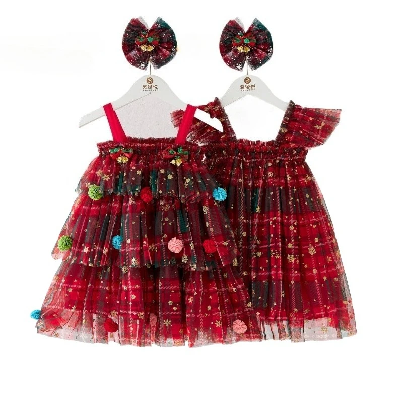 

Girls New Christmas Dress with Gold Blocking Snowflake Cake Dress Princess Mesh Fluffy Dress Children Suspender Festival Costume