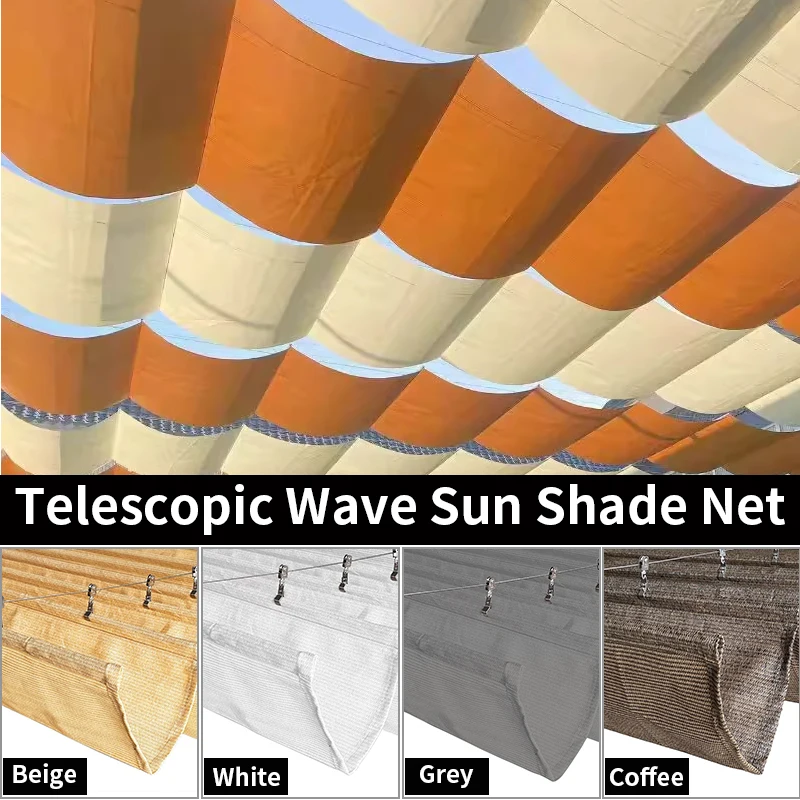 Outdoor HDPE Anti-UV Telescopic Wave Sun Shade Net Gazebo, Garden Retractable Shelter Awnings Sunshade Sail Swimming Pool Cover