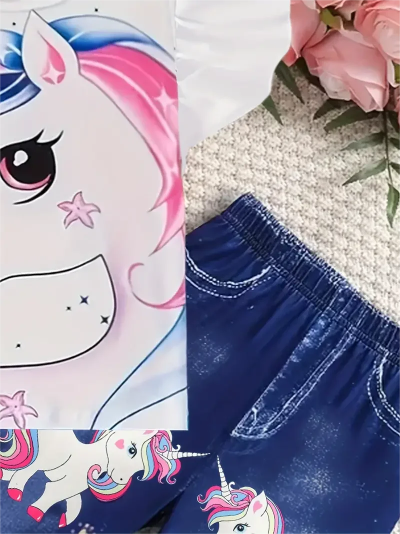 Summer girls fashion trend set, 2-piece peplum cartoon unicorn T-shirt and faux denim print bell bottoms image 3