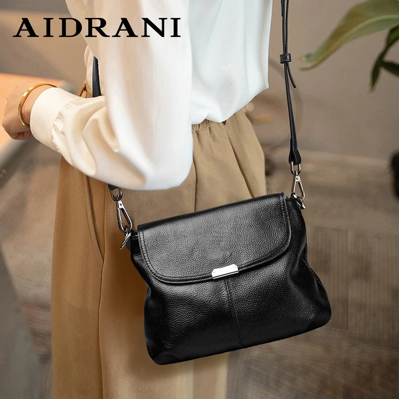 Aidrani  Genuine leather fashionable women\'s bag, soft cowhide shoulder crossbody bag, black square bag