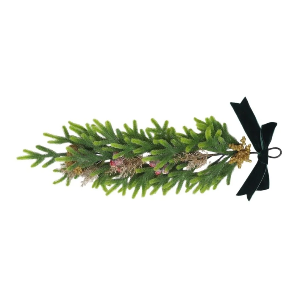 24 Inch Christmas Pine Teardrop Swag Dark Green Velour Bow Red Berries Artificial Garland For Front Door Wall Mantel Holiday Dec