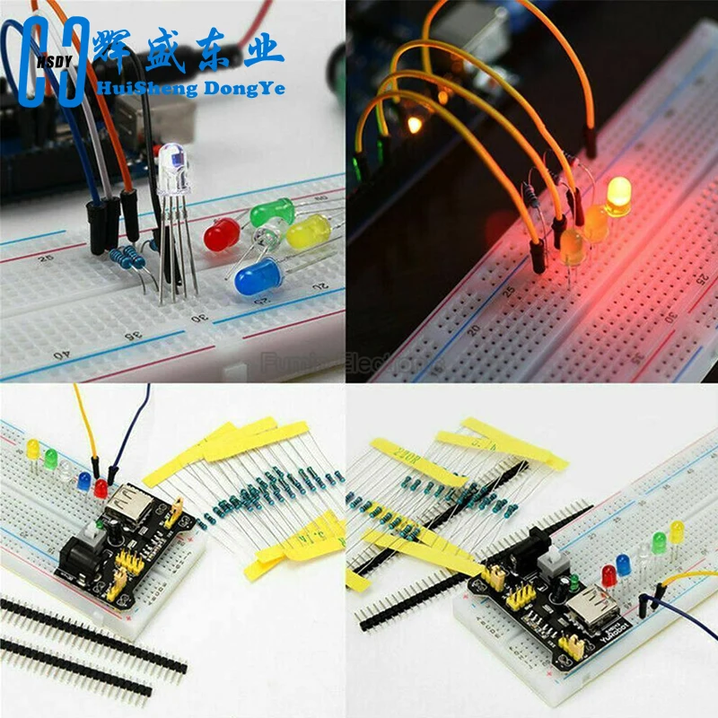 Imagem -04 - Breadboard Kit para Uno r3 Componente Starter Kit Resistores Jumper Caps Leds Punchups Fio Dupont 830 Buracos 2222 Mb102