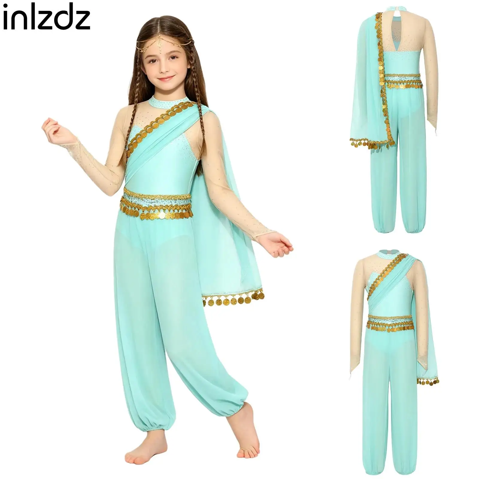 

Kids Girls Arab Princess Outfit Sequins Tassels Rhinestone Drapey Jumpsuit India Lyrical Dance Bodysuit for Halloween Costume