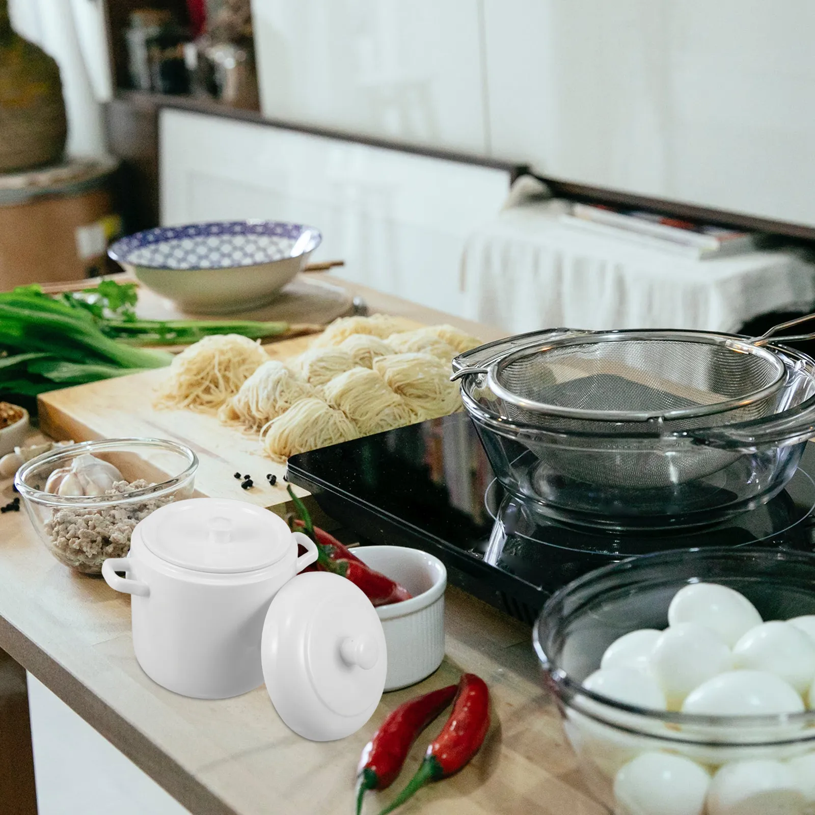 Ceramic Stew Pot 950Ml White Porcelain Dual Handles Lid Slow Cooking Soup Kitchen Restaurant Ceramic Soup Bowl with Lid